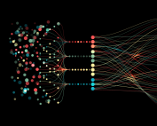 An array of information in the form of waves. Large data stream on a dark background, glowing lines and circles.